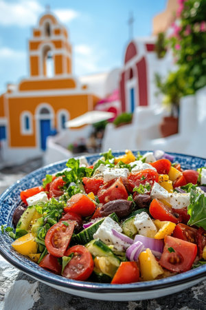 Fresh greek salad with feta cheese, olives, tomatoes, cucumbers, onions, and peppers, served in a bowl with blurred santorini church backgroundの素材