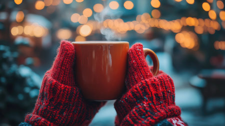 Woman wearing red woolen gloves warming her hands on a steaming mug outdoors at a Christmas marketの素材