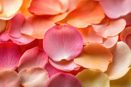 Delicate rose petals in various shades of pink, orange, and red create a beautiful background, perfect for romantic or nature-themed projectsの素材