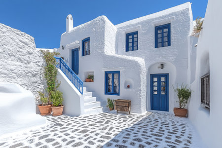 Whitewashed building with blue doors and windows under the summer sun in Mykonos, Greeceの素材