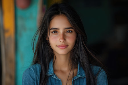 Close-up portrait of a young woman with long dark hair and freckles, wearing a denim jacket, exuding confidence and a captivating smileの素材