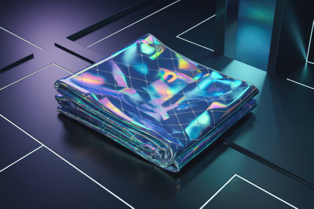 Holographic iridescent foil cloth folded on dark futuristic surface with neon lightsの素材