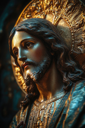 Close-up of a majestic golden statue of Jesus Christ with a halo, conveying serenity and spiritualityの素材