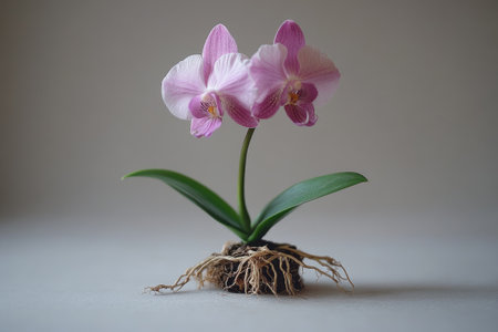 Studio shot of a delicate pink orchid showcasing its intricate root system, emphasizing natural beauty and growthの素材