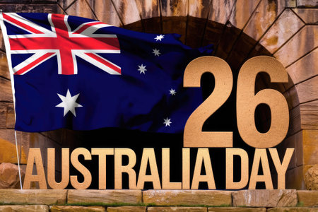Australian flag waving with the text australia day and the number 26, celebrating the national holidayの素材