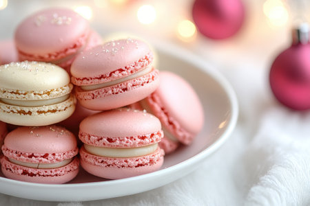 Delicious pink and beige macarons with sparkling sugar resting on a white plate, creating a festive Christmas scene with blurred lights in the backgroundの素材
