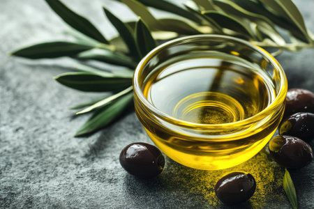 Glass bowl of olive oil with olives and olive tree branch, promoting healthy Mediterranean lifestyleの素材