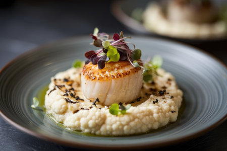 Pan seared scallop plated on cauliflower puree, drizzled with truffle oil, and garnished with fresh microgreensの素材
