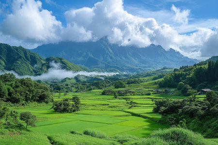 Lush green rice terraces create a picturesque landscape, leading the eye towards towering mountain peaks, under a dramatic cloudy skyの素材