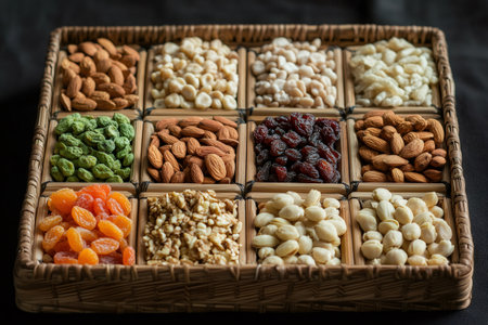 Diverse selection of nuts and dried fruits are neatly arranged in a wicker tray, offering a nutritious and delicious snack or ingredient for various culinary creationsの素材