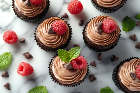 Chocolate cupcakes are decorated with chocolate cream cheese frosting, fresh raspberries, mint leaves and chocolate chips on a marble backgroundの素材
