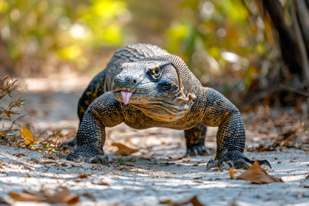 Komodo dragon flicking its forked tongue while walking on a sandy path in its natural habitatの素材