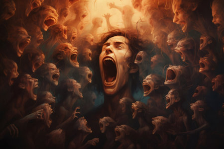 Man screams, surrounded by a multitude of disturbing creatures also screaming, in a surreal and nightmarish atmosphereの素材