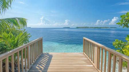 Luxurious wooden terrace extending over a beautiful turquoise ocean with tropical islands in the distance under a clear blue skyの素材
