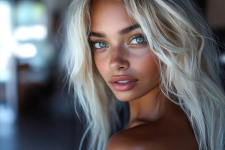 Fashion model showing perfect skin and beautiful green eyesの素材