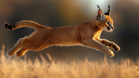 Caracal running across golden grass at sunsetの素材