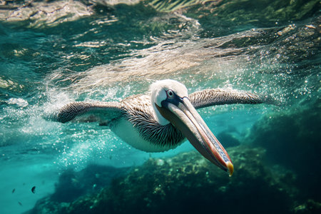 Majestic pelican gracefully swimming underwater in crystal-clear turquoise ocean, showcasing its unique hunting behaviorの素材
