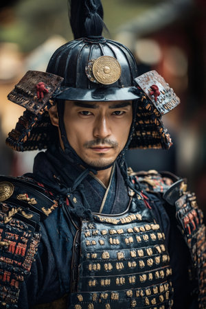 Close-up of a determined samurai warrior, showcasing traditional armor and helmetの素材