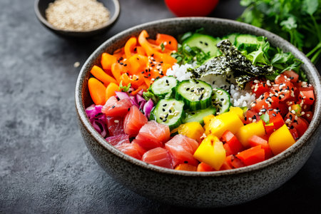 Colorful Hawaiian poke bowl with tuna, rice, vegetables and sesame seedsの素材