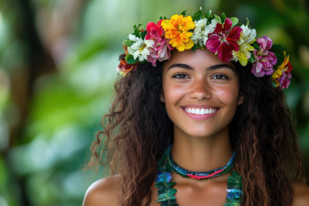 Portrait of smiling Polynesian woman with perfect white teeth wearing colorful flower crown in tropical forestの素材