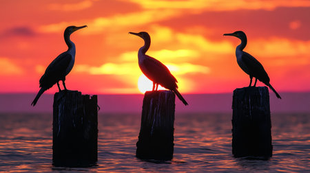 Silhouetted cormorants standing on wooden poles in the water at sunset create a serene and captivating sceneの素材