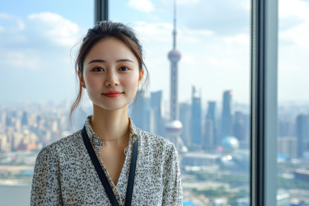 Portrait of a confident businesswoman in a modern office, with the Shanghai skyline and the oriental pearl tower visible through the windowの素材