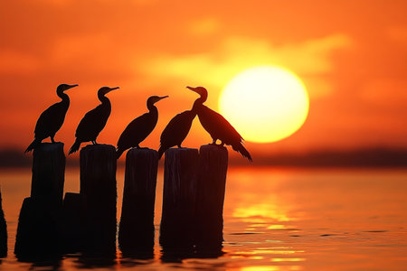 Four cormorants are perching on wooden posts in a lake at sunset, creating a picturesque silhouetteの素材