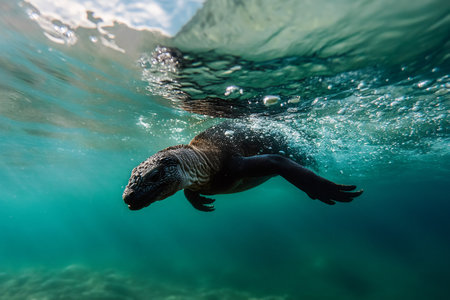 Marine iguana swimming underwater, searching for algae in the Galapagos Islandsの素材
