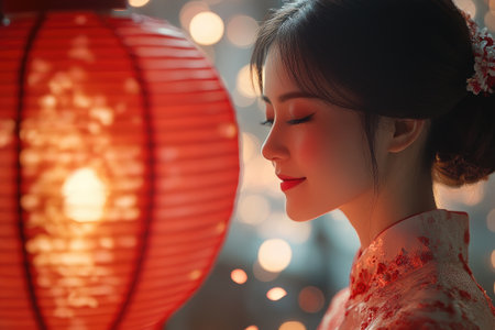 Serene asian woman in traditional attire celebrating lunar new year with a glowing red lantern, enjoying the festive atmosphereの素材