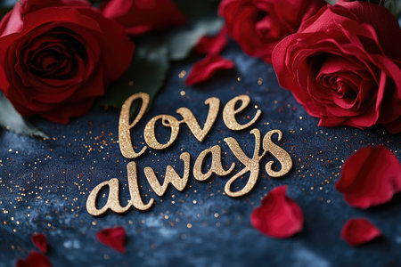 Golden love always sign surrounded by red roses and petals on a glittering dark blue background evokes everlasting romanceの素材