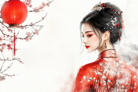 Painting representing a beautiful Chinese woman wearing a traditional red dress with cherry blossom and red lantern for Chinese New Yearの素材