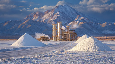 Lithium extraction plant extracting lithium from underground brine reservoirs in a salt flat with a snowy mountain range in the backgroundの素材