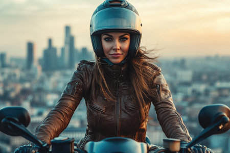 Young woman biker wearing helmet and leather jacket riding motorcycle in the city at sunsetの素材