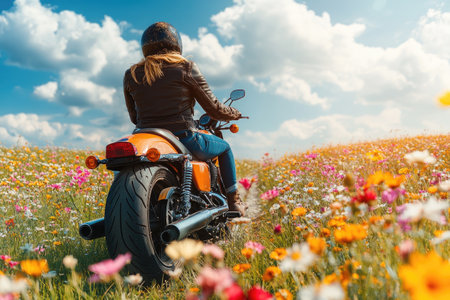 Motorcyclist riding through colorful flower field under cloudy blue summer skyの素材