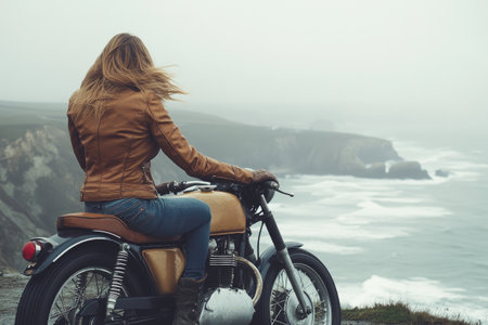 Biker admiring the ocean from a cliff top with her vintage motorcycle, enjoying freedom and wanderlustの素材