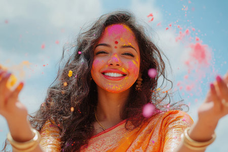 Young woman celebrating holi festival, covered with colorful gulal powder, smiling happilyの素材