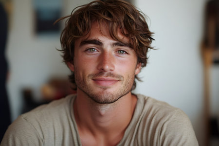 Headshot of attractive young man with brown hair and green eyes smiling slightlyの素材