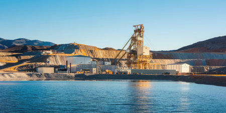 Industrial gold mining operation with processing plant, tailings pond, and open pit mine in mountainous landscapeの素材