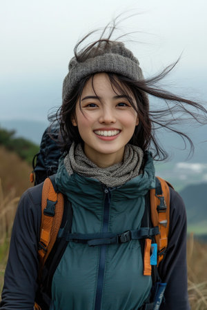 Young woman hiker smiles while enjoying the breathtaking view from a mountain peakの素材