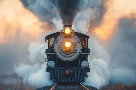 Powerful steam train locomotive 1601 blowing smoke while traveling on railroad tracks at sunsetの素材