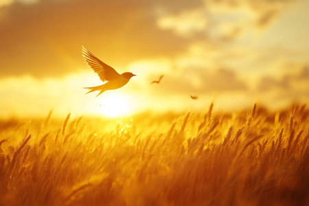 Bird flying over a wheat field during a golden sunset hour, creating a peaceful and inspiring sceneの素材