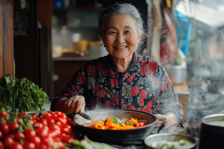 Elderly asian woman smiles while cooking colorful vegetables in a wok in a rustic kitchenの素材