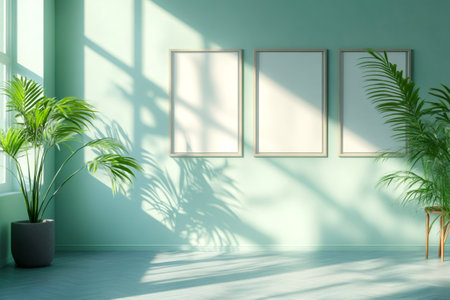 Empty frames hanging on a green wall in a modern living room illuminated by sunlight, with plants casting shadowsの素材