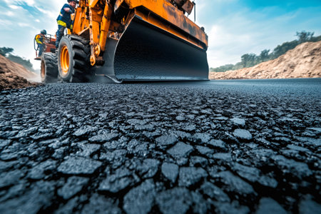 Road construction crew operating asphalt paver, applying fresh asphalt layer on a road surfaceの素材