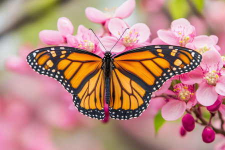 Beautiful monarch butterfly opening its wings on pink blossom flowers in springの素材