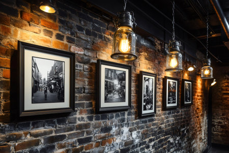 Brick wall with black and white framed photography prints illuminated by vintage edison light bulbs in glass and metal jarsの素材