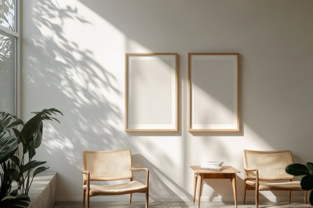 Minimalist interior design featuring empty frames, wicker chairs, plants, and natural sunlight creating a tranquil atmosphereの素材