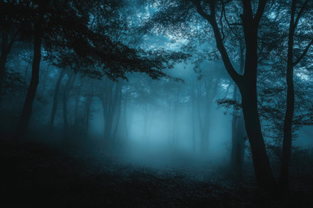 Dense blue fog is engulfing a dark forest path at duskの素材