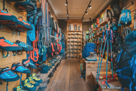 Wide variety of hiking and climbing equipment displayed in a specialized sports storeの素材