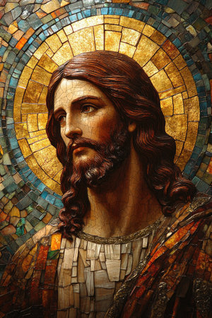 Mosaic portrait of Jesus Christ radiating serenity and wisdom against a vibrant mosaic backgroundの素材